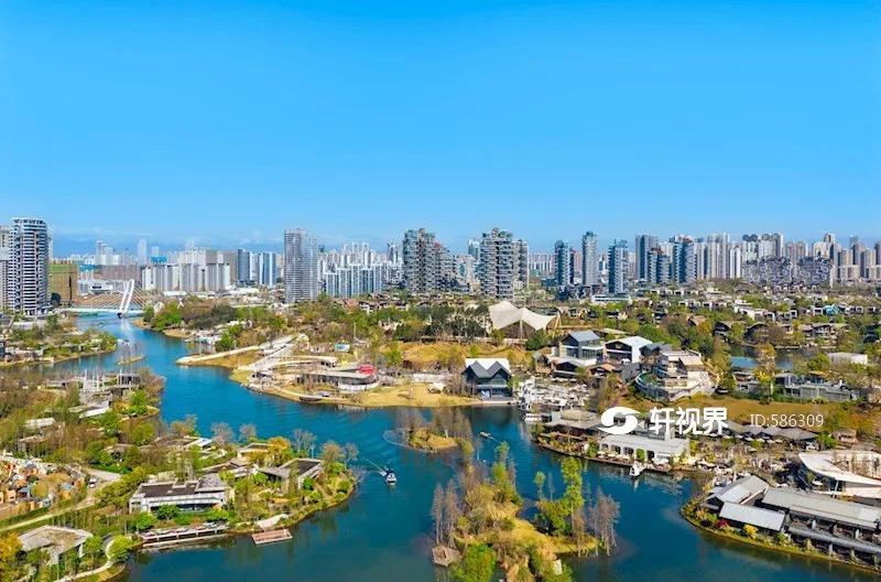 成都天府新区麓湖水城景区航拍图