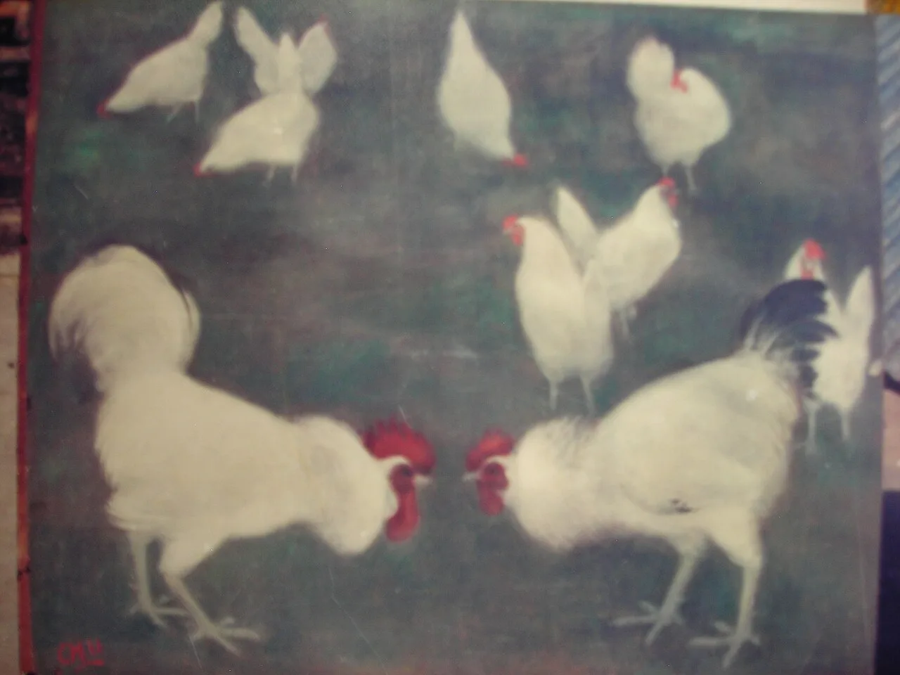 Chọi gà, dầu trên lụa 46x38, 1968